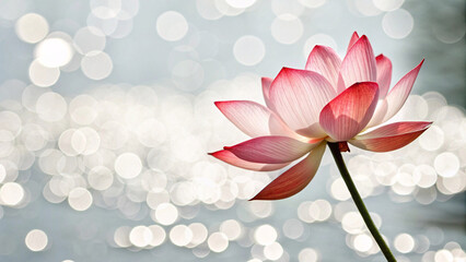 Pink lotus flower with translucent petals stretches gracefully across soft blue-gray background, bokeh circles creating magical, meditative atmosphere of natural beauty.