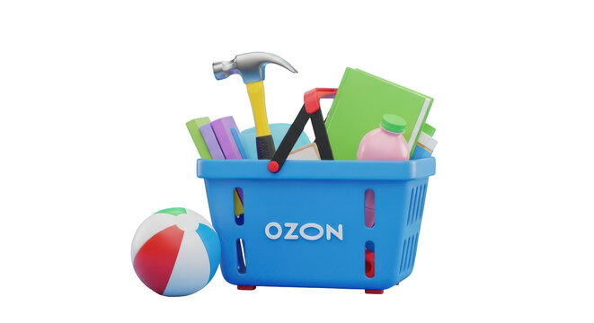 Blue Shopping Basket Filled with Tools and Beach Ball OZON hammer isolated on a transparent background