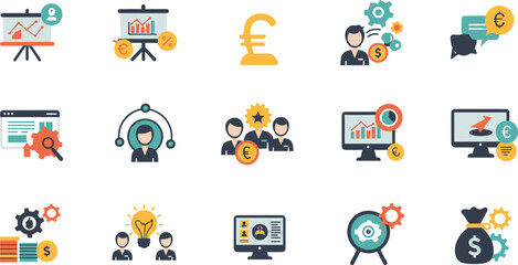 Business and finance icons, currency, profit charts, teamwork, investment, communication, management, strategy, financial growth, startup idea vector illustration