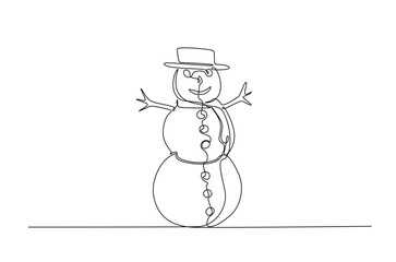 Snowman in continuous one line drawing. Single line art illustration of winter snowman. Editable vector.