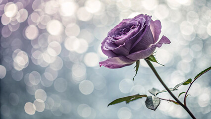 Elegant purple rose with delicate petals stands gracefully against soft bokeh background of blue and lavender light circles creating dreamy atmosphere.