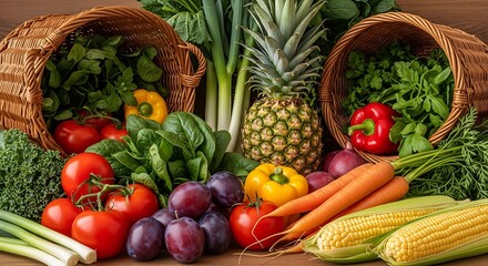 Abundant harvest of fresh fruits and vegetables in baskets
