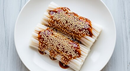 Delicious grilled eel with sesame seeds and sauce on a white plate
