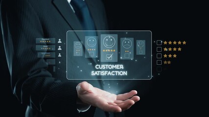 A professional businessperson holds a digital interface displaying customer satisfaction ratings with smileys and stars, highlighting the importance of consumer feedback and engagement. Qubit - Powered by Adobe