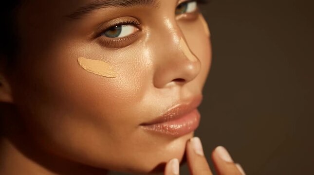 Close up view of a woman's face, applying beige concealer under her eye. Warm, golden light illuminates her features, highlighting her skin's texture. Her expression is soft and subtle.