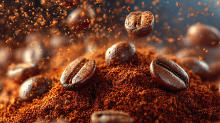 Rich coffee beans and ground coffee create aromatic and dynamic scene