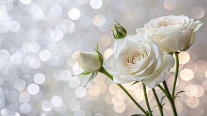 Multiple white roses with cream centers and green buds, warm golden bokeh background creating soft romantic atmosphere, stems gracefully arranged in cluster.