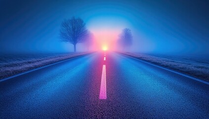 Foggy road leads to sunrise, bordered by barren trees