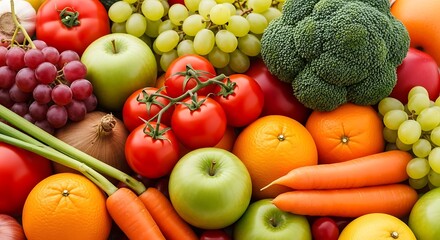 Abundant assortment of fresh ripe fruits and vegetables healthy food display