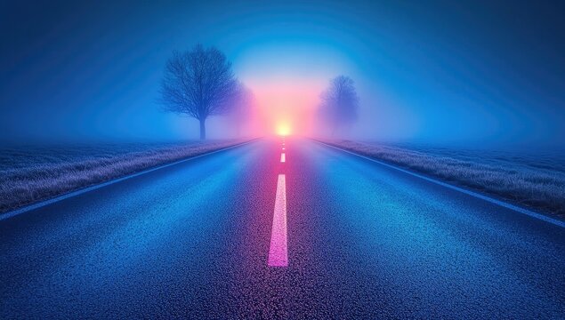 Foggy road leads to sunrise, bordered by barren trees