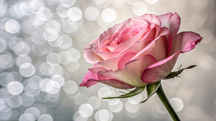 Elegant pale pink rose exhibits gentle color gradations from cream center to deeper pink edges, green sepals visible against dreamy soft-focused background.