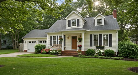 Obraz premium Charming house exterior with green lawn and trees under sunny sky