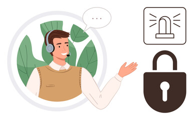 Person wearing headset with hand gesture near security icons of lock and alarm. Ideal for customer service, cybersecurity, online support, communication, safety, IT solutions, simple flat metaphor