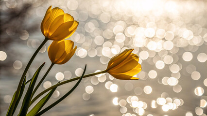 Warm yellow tulips bask in golden light with stems crossing artistically, narrow leaves visible below against creamy bokeh creating intimate natural composition.