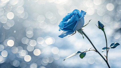 Rare blue rose stands against cool misty backdrop with companion bud, creating serene winter-like atmosphere with delicate petals catching diffused natural light.