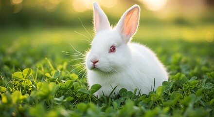 White rabbit sitting in vibrant green grass with natural sunlight
