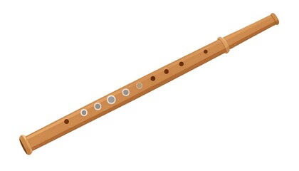 An illustrated, wooden wind instrument. It has several holes and a mouthpiece. It appears simple, rendered in a flat design