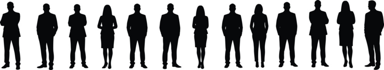 Business silhouette, corporate team, professional attire, office posture, leadership stance, formal wear, teamwork concept, standing figure, isolated shape, black background