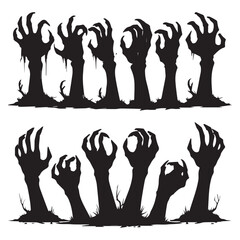 a set of 12 black zombie hand silhouettes rising from the ground in a horror and Halloween style 