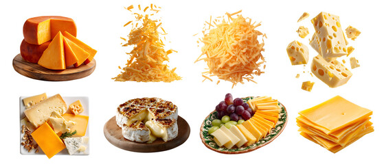 Set of cheese, coagulated dairy milk slices pieces halved, serving board, platter plate. Cheddar, mozzarella, grated, blue, Parmesan, transparent cutout PNG. Many different flavour texture. Mockup
