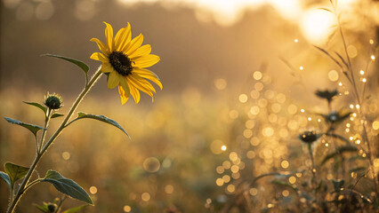 Wild yellow sunflower blooms in natural meadow setting, captured during golden hour with warm bokeh and silhouetted wildflowers in background.