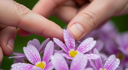Close-up of a person's fingers gently touching delicate pink flowers adorned with water droplets