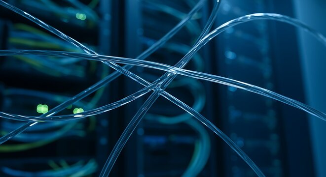 Optical fiber cables close up in server room modern data technology