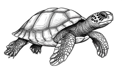 Detailed black and white illustration of a turtle, showcasing its shell's texture and scales. The creature is posed against a white background