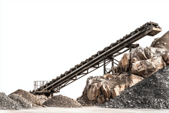 Industrial rock crushing and screening machine with conveyor belts and orange safety railings, isolated on white background.