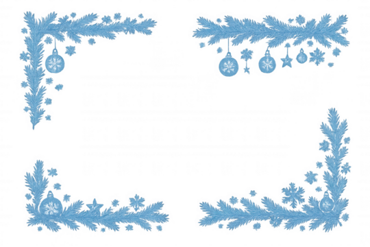Blue christmas frame with pine branches, snowflake ornaments, and falling snow for winter holiday decoration