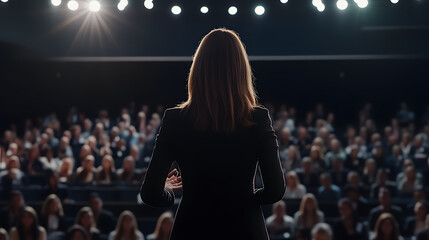 A female speaker delivers a talk at a corporate business conference, addressing an audience in a packed conference hall at a business and entrepreneurship event.