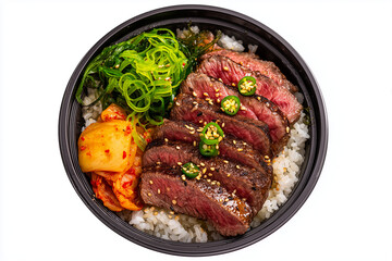 Grilled beef steak rice bowl with kimchi and sliced chili peppers, isolated on white background.