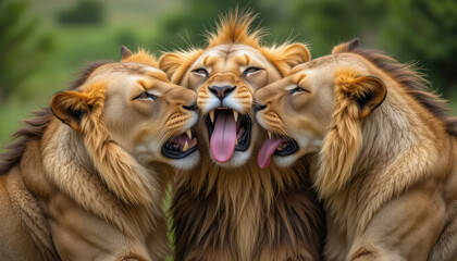 Three lions playfully interacting with each other in a close-up shot, showing their tongues.
