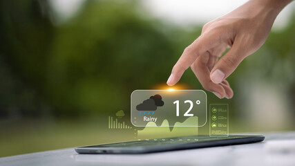 Augmented Reality Weather Dashboard on Tablet, Rainy 12 Degrees, Hand Interaction