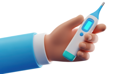 Cartoon hand holding a digital thermometer with blue screen medical isolated on a transparent background