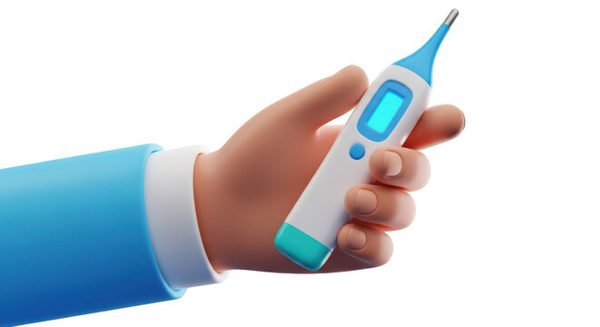 Cartoon hand holding a digital thermometer with blue screen medical isolated on a transparent background