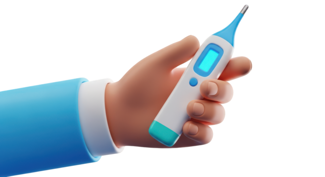 Cartoon hand holding a digital thermometer with blue screen medical isolated on a transparent background