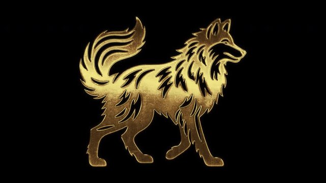 Wolf with slightly reflected outlines on a gold foil-like surface, loop, alpha channel


