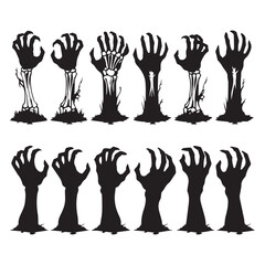 a set of 12 black zombie hand silhouettes rising from the ground in a horror and Halloween style 