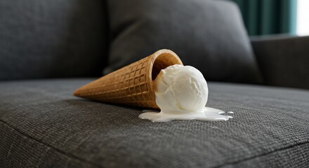 Fallen Treat: A Scoop of Vanilla Ice Cream Melting on a Textured Grey Sofa
