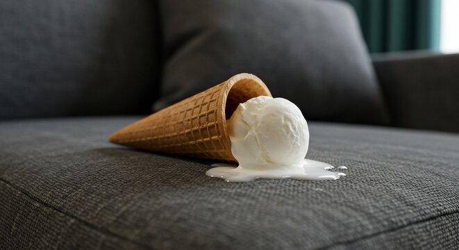 Fallen Treat: A Scoop of Vanilla Ice Cream Melting on a Textured Grey Sofa