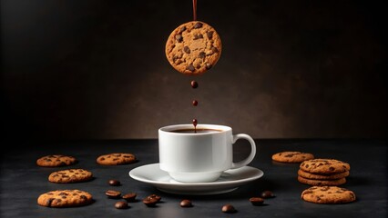 Delicious chocolate chip cookie dropping into white coffee cup with coffee beans scattered around