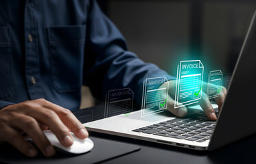 Digital Invoice Approval in Modern Business Workflow, Laptop shows verified invoice icons in professional workspace