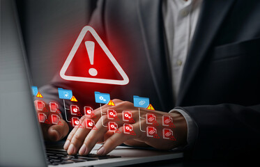 Cybersecurity Alert in Digital Business Environment, Critical warning icon signals data breach in corporate workspace