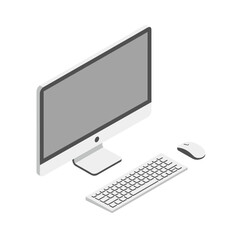 Fototapeta premium Isometric vector illustration of a modern all-in-one desktop computer with a keyboard and mouse. Minimalist digital workspace and technology concept