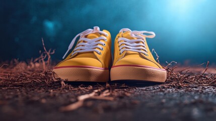Bright yellow sneakers on a dark surface with scattered twigs at night