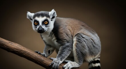 Obraz premium Ring tailed lemur perched on a branch against a dark background