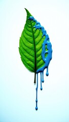 Green Leaf Partially Covered with Blue Paint Drips
