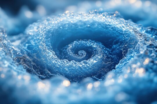 Blue water vortex with droplets swirling.