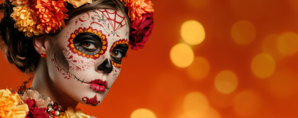 Woman with intricate Day of Dead face paint and floral headpiece against bokeh background